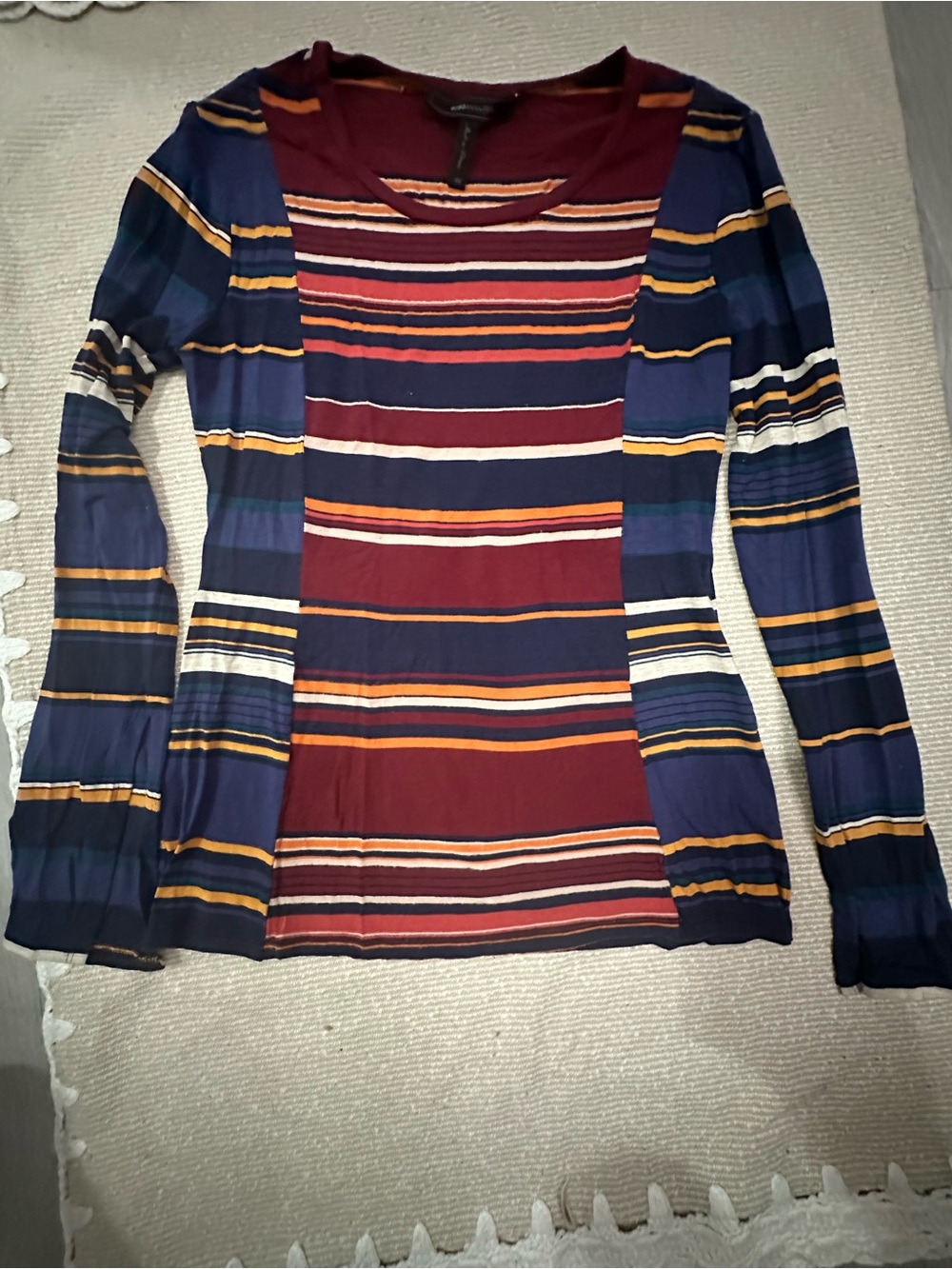 BCBG Striped Long Sleeve Mixed-Panel Top in Navy and Burgundy - Picture 5 of 5